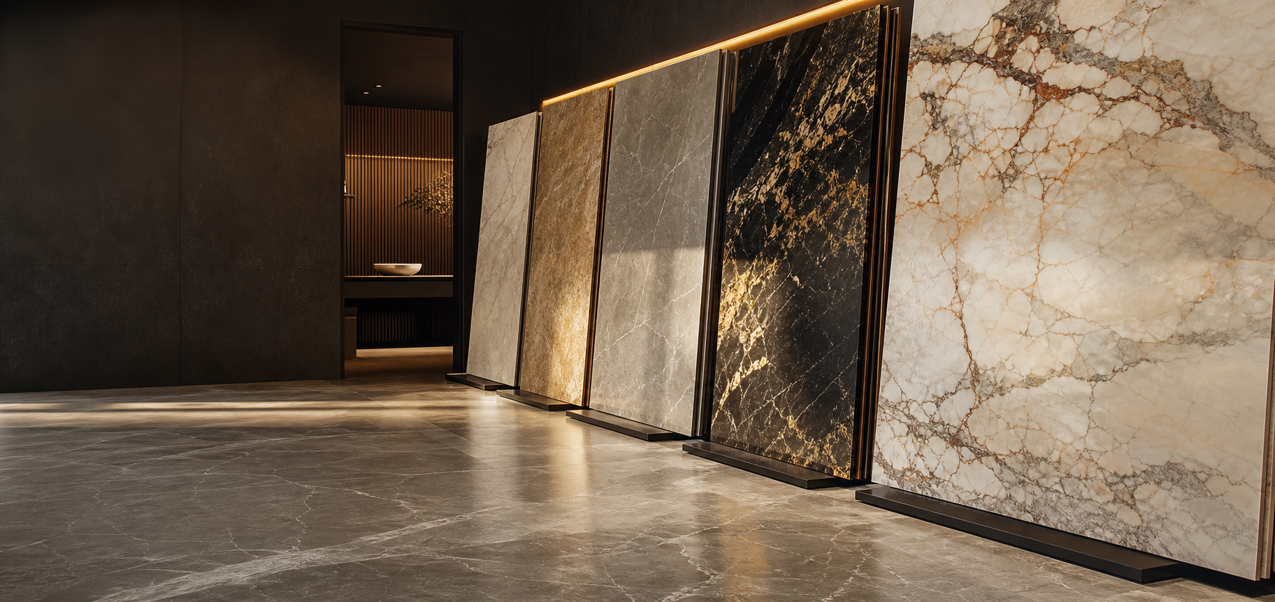 Showroom com chapas de mármore e granito